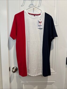 Denim & Flower White Tee with Red & Navy Stripe Detail